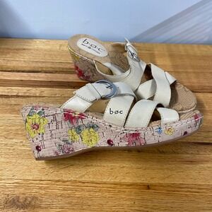 b.o.c. Born Concept Women 7 Cream Leather Floral Cork Wedge Sandals strappy